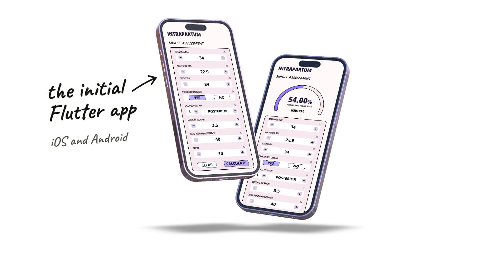The initial Flutter app on two phones: the assessment form, and a result showing the probability of vaginal birth.